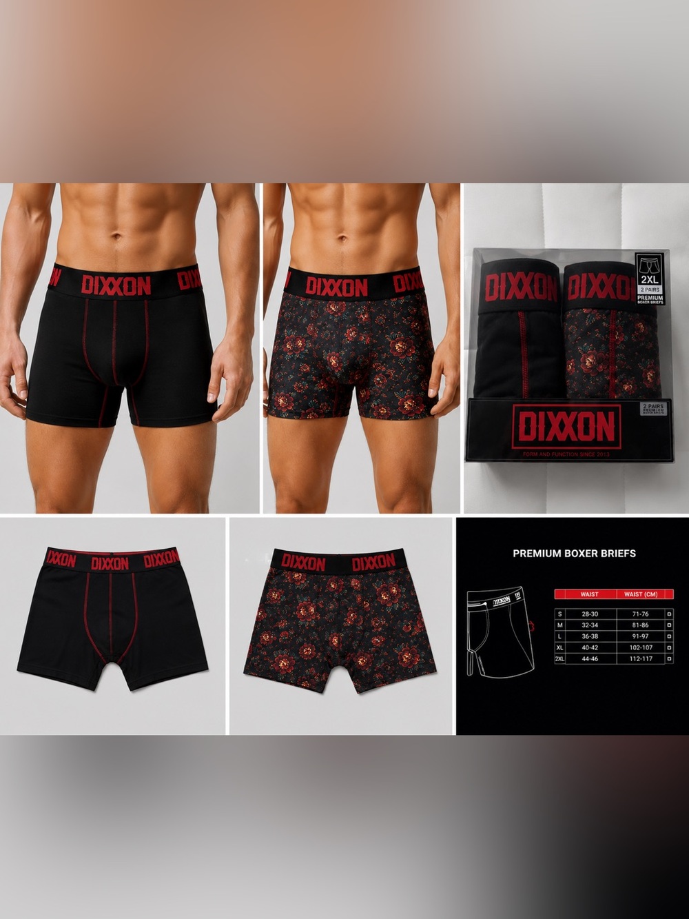 DIXXON 2 Pack Premium Boxer Briefs Men’s Size 2XL Black & Floral Print Red Logo